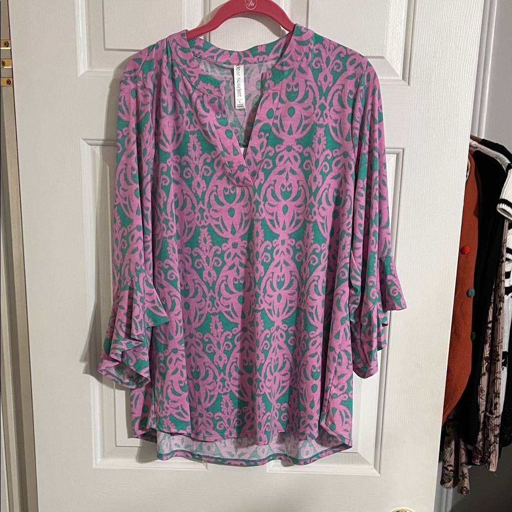 Split-Neck Ruffle Sleeve Tunic in Pink & Teal